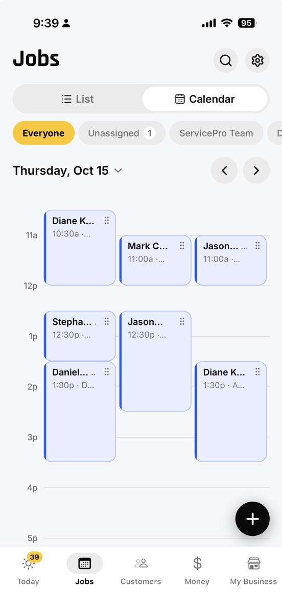 The Jobs calendar showing the day's visits for each crew