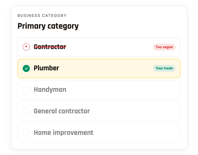 A category picker with Contractor crossed out and Plumber checked