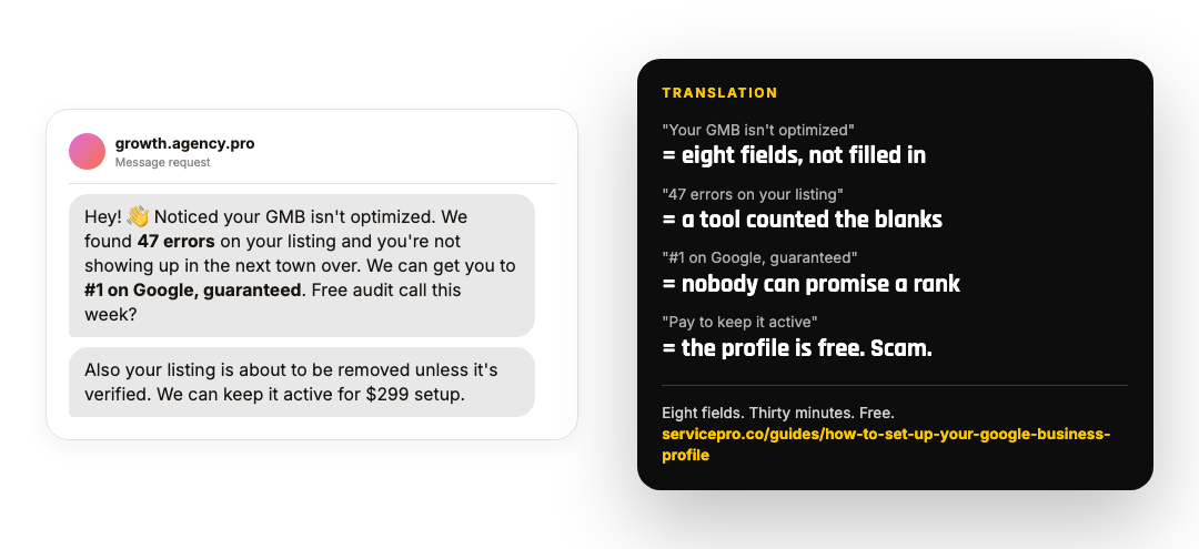 A message from a marketer about 47 errors on your listing, next to a translation: eight fields, thirty minutes, free