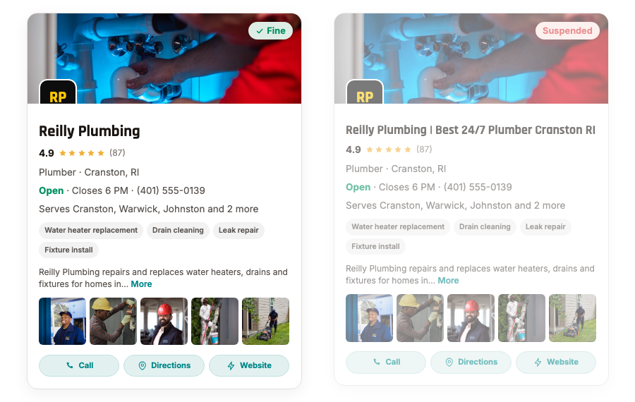 Two profile cards: a plain business name that is fine, and a name stuffed with keywords that is suspended