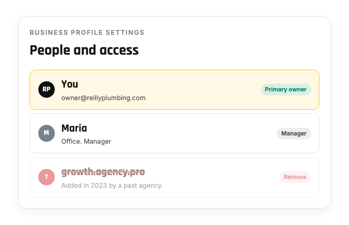 The People and access screen with you as Primary owner and an unknown agency being removed