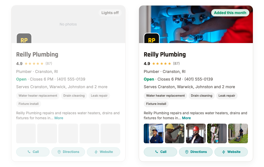 Two profile cards: one with only a logo, one with a grid of real job photos added this month