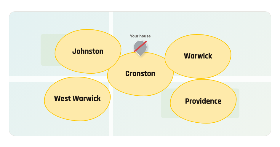 A map with the home address pin removed and five towns marked as the service area