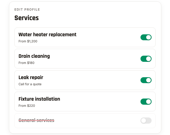 A services list with real jobs switched on and General services switched off