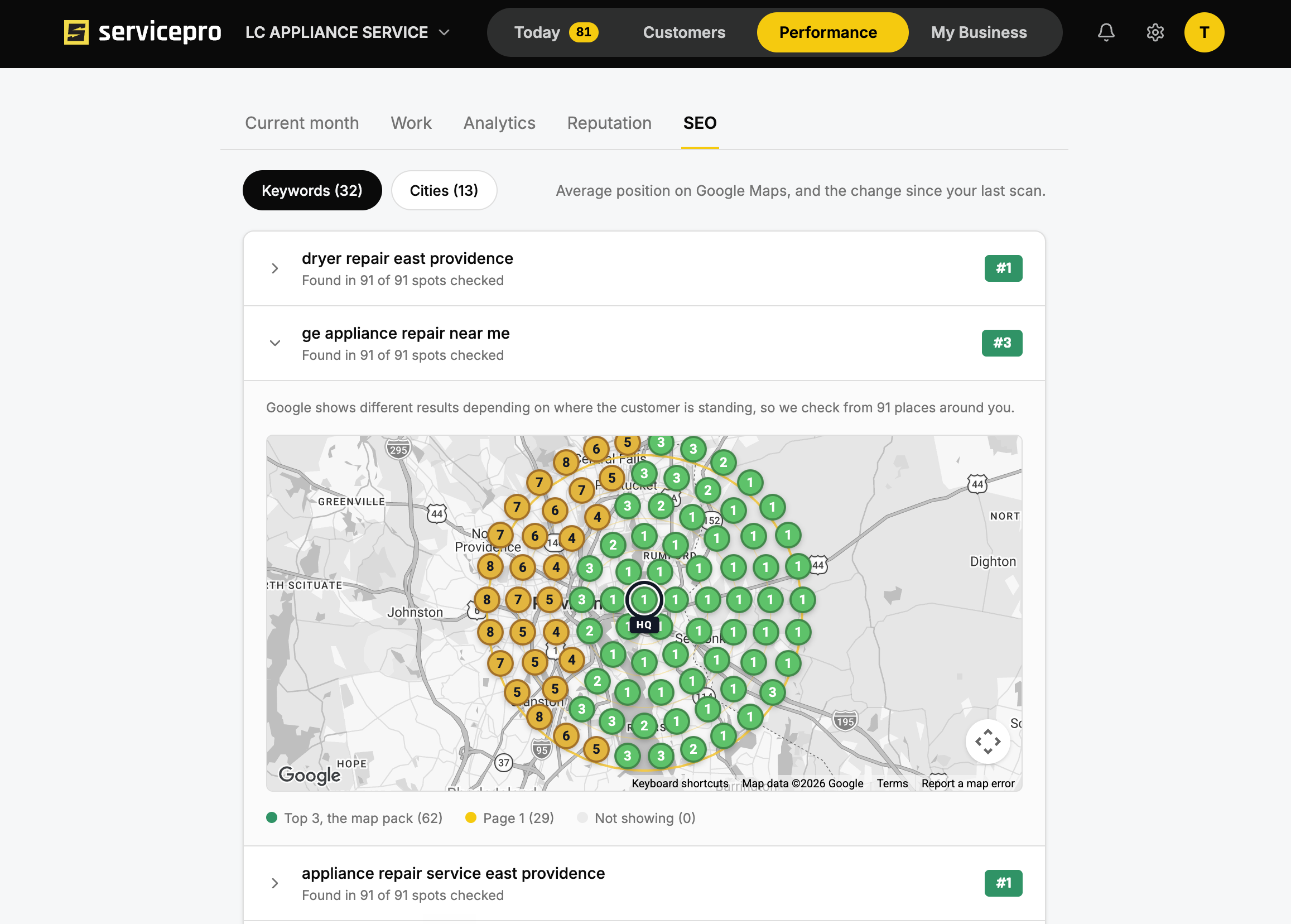 Google Maps rank across a service area